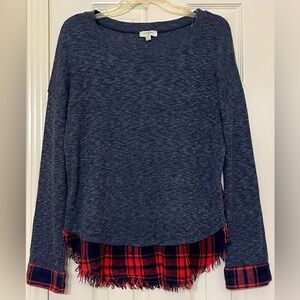 Umgee flanel Sweater Top Blouse M Plaid Grey Red